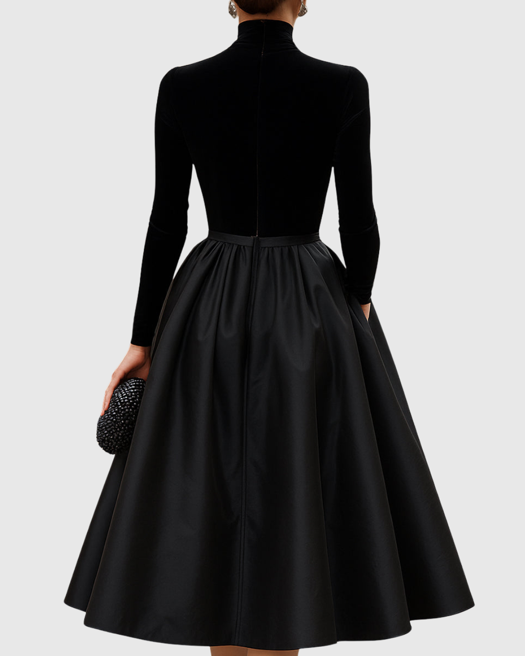 ARADIA | ELEGANT BLACK VELVET AND SATIN MIDI DRESS