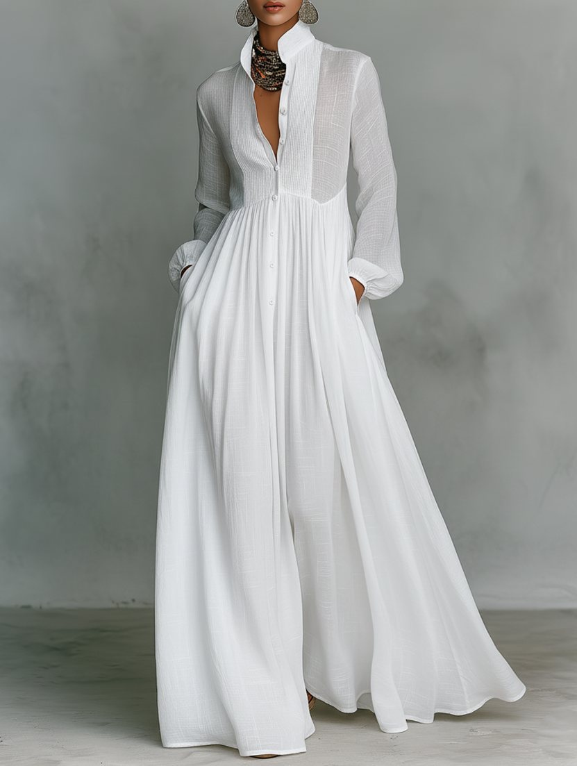 Elisa - Maxi Minimalist in Cotton and Linen with Patchwork, High Neck and Long Sleeves