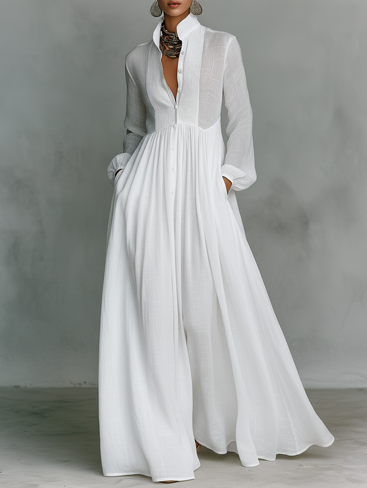 Elisa - Maxi Minimalist in Cotton and Linen with Patchwork, High Neck and Long Sleeves