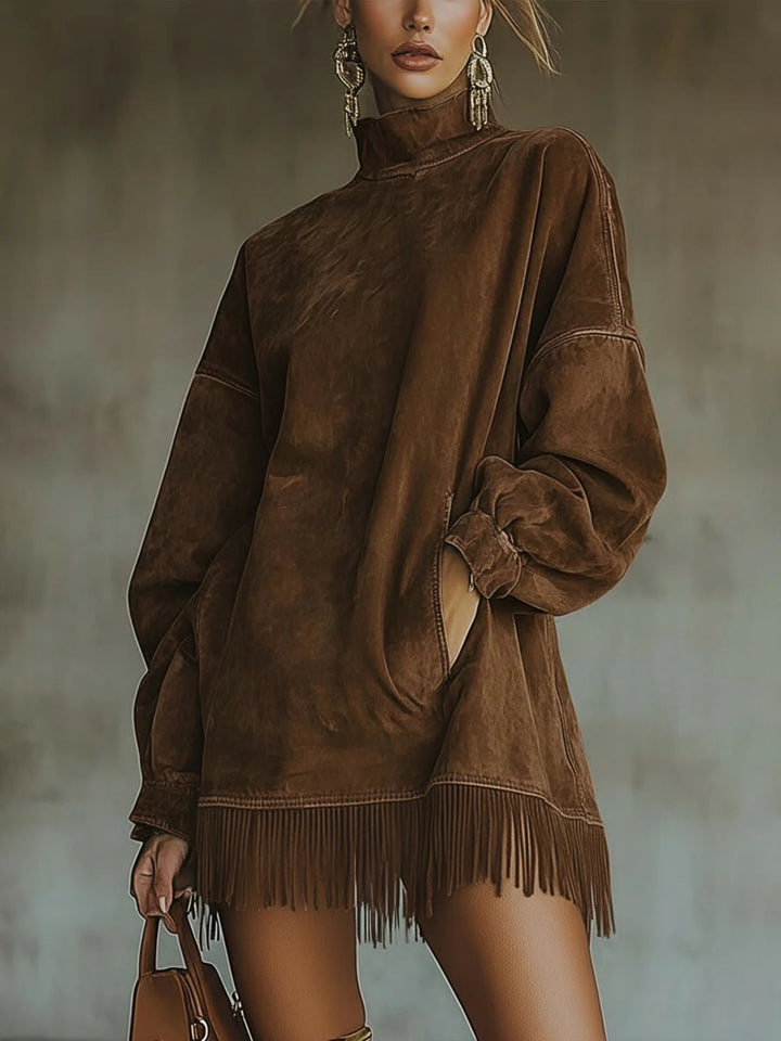 Gabrielle | High-Neck Faux Suede Fringe Dress