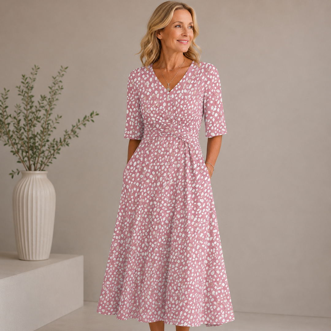 COLETTE | ELEGANT TUMMY-FLATTERING POLKA DOT MIDI DRESS