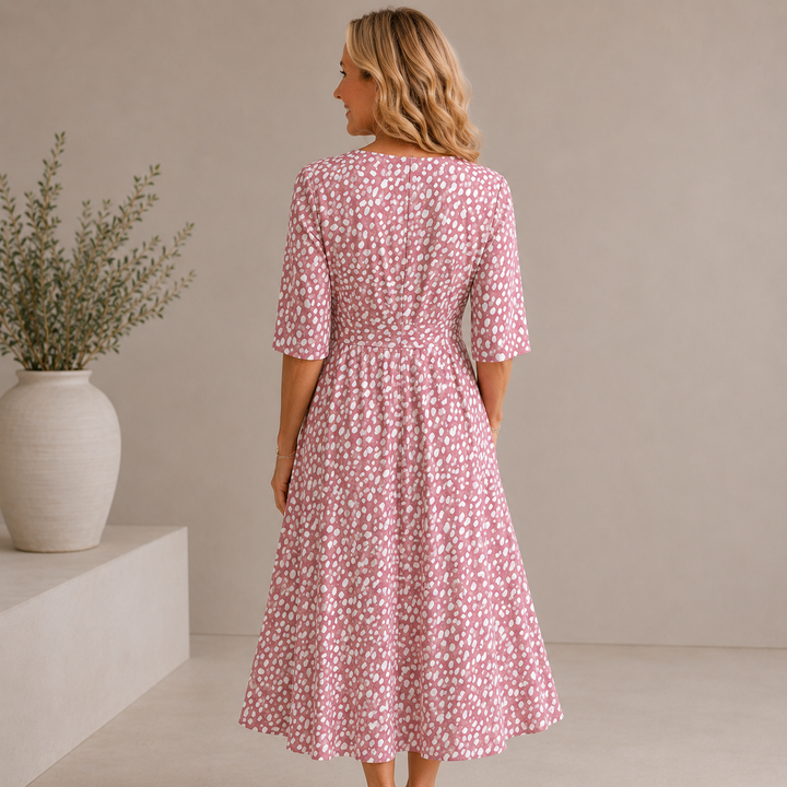 COLETTE | ELEGANT TUMMY-FLATTERING POLKA DOT MIDI DRESS