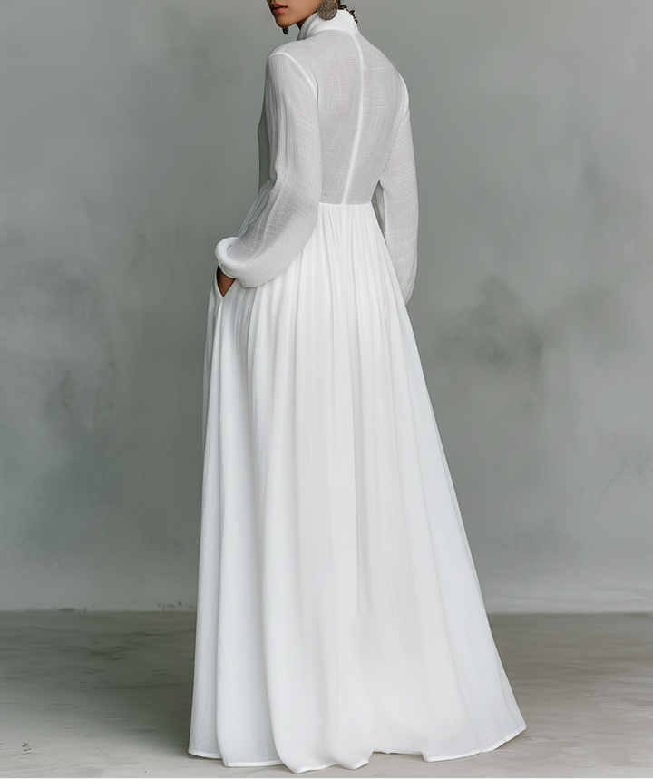Elisa - Maxi Minimalist in Cotton and Linen with Patchwork, High Neck and Long Sleeves