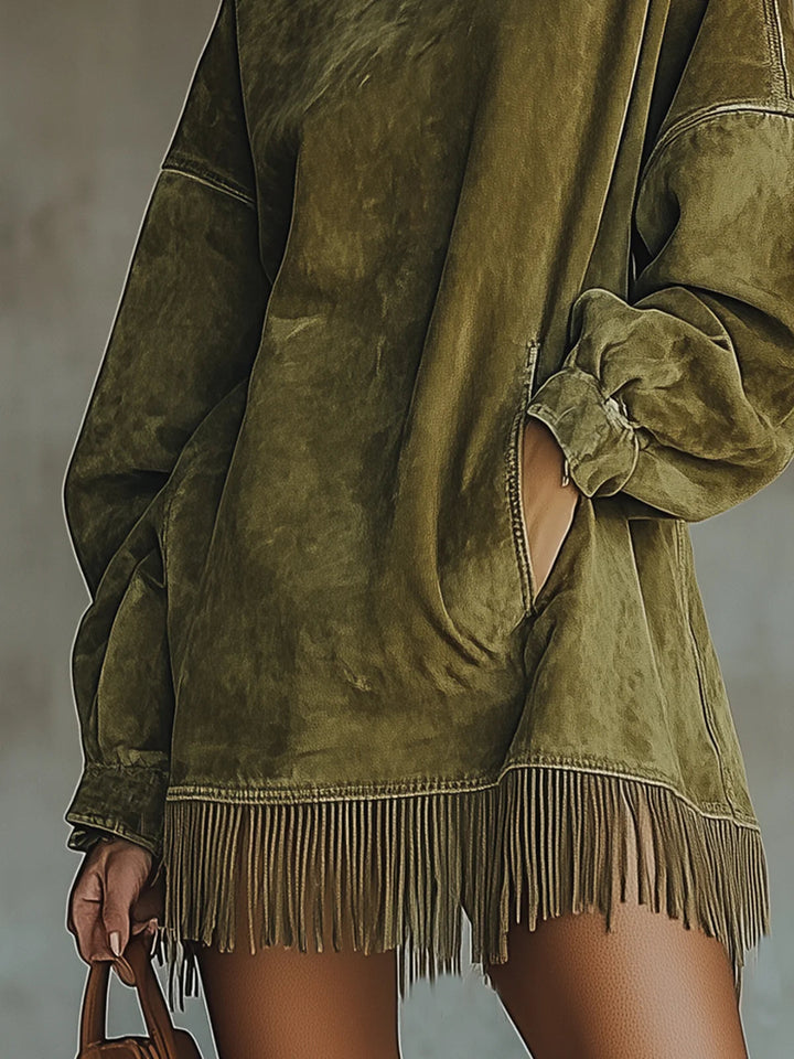 Gabrielle | High-Neck Faux Suede Fringe Dress