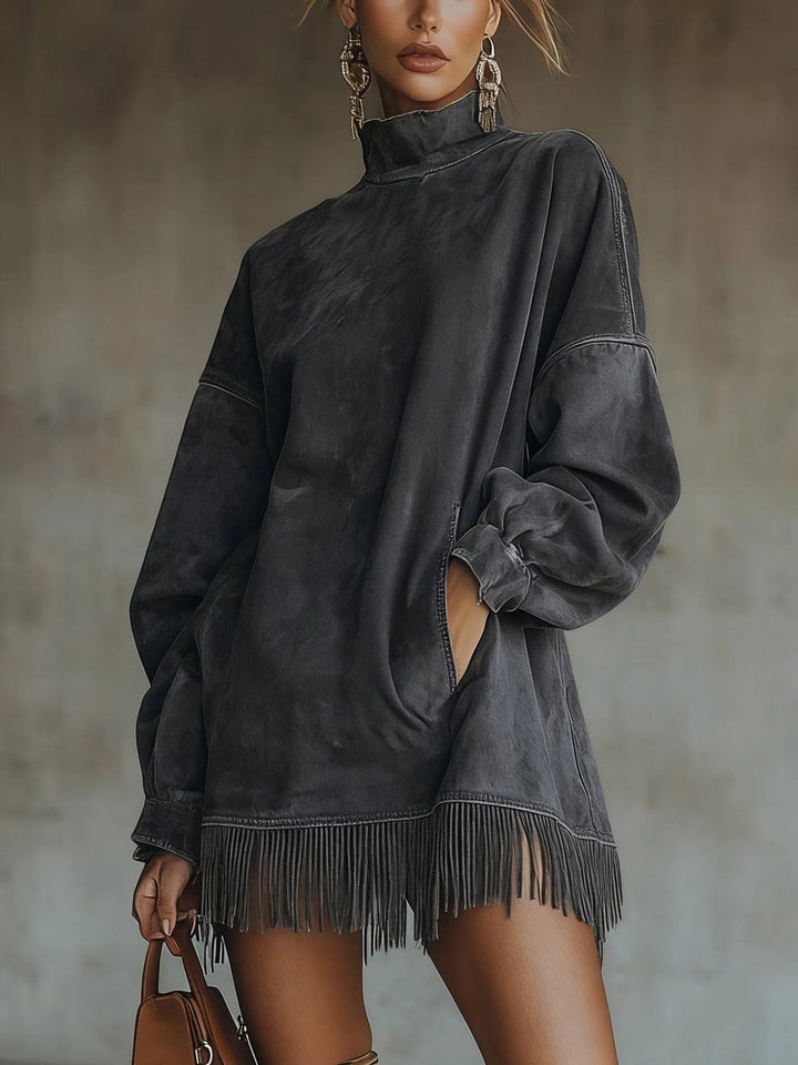 Gabrielle | High-Neck Faux Suede Fringe Dress