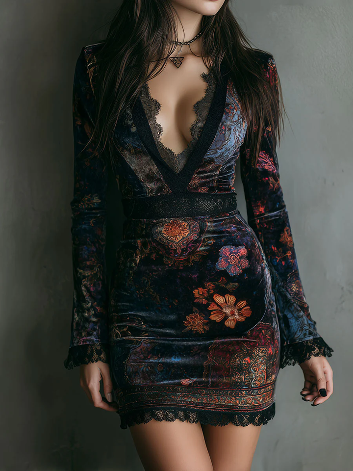 Lily | Lace-Trimmed Floral Velvet Mini Dress