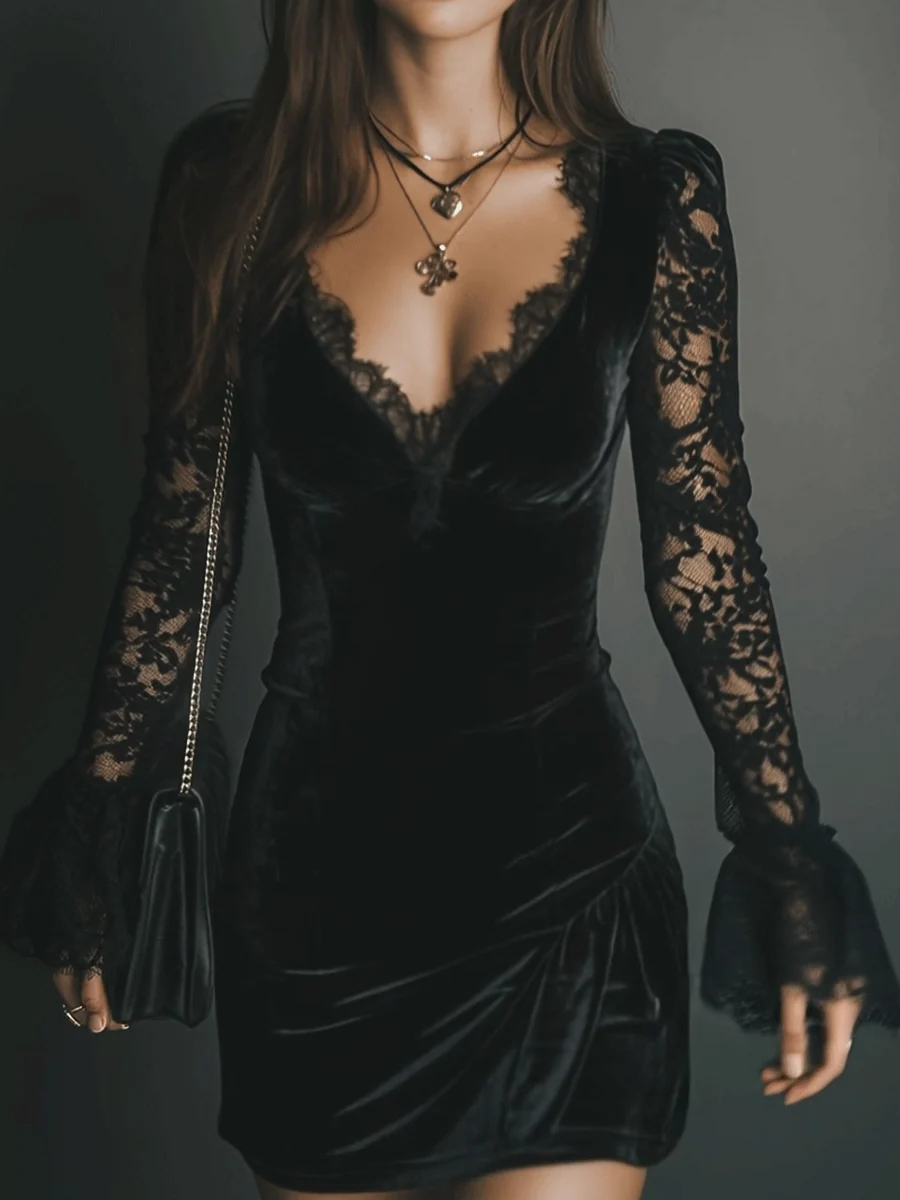 Luna | Velvet Mini Dress with Lace Detail