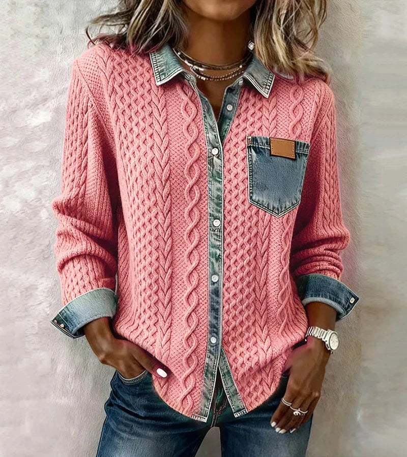 Amber | Patchwork Cable-Knit Top with Denim Details