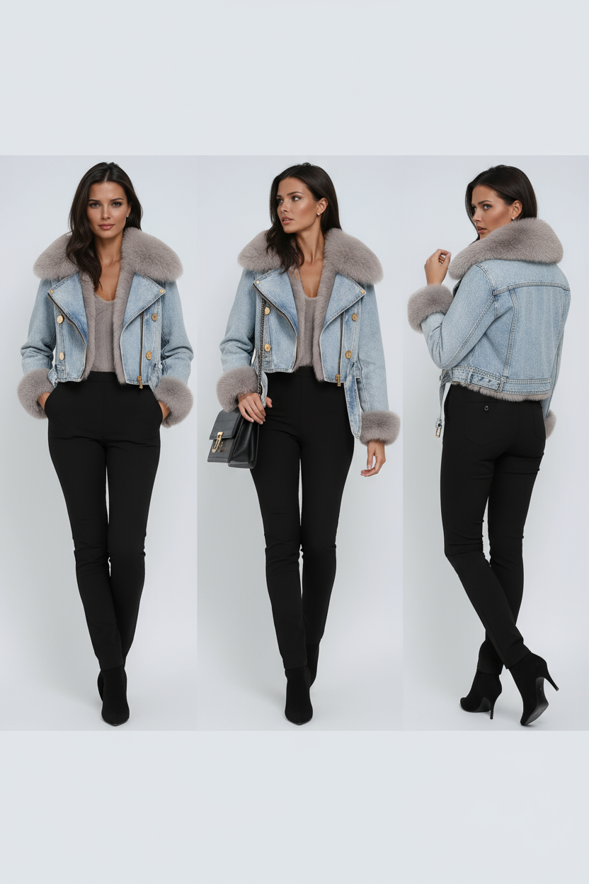 Denim Jacket with Fur Lining | Short Model with Collar