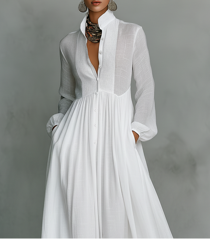 Elisa - Maxi Minimalist in Cotton and Linen with Patchwork, High Neck and Long Sleeves