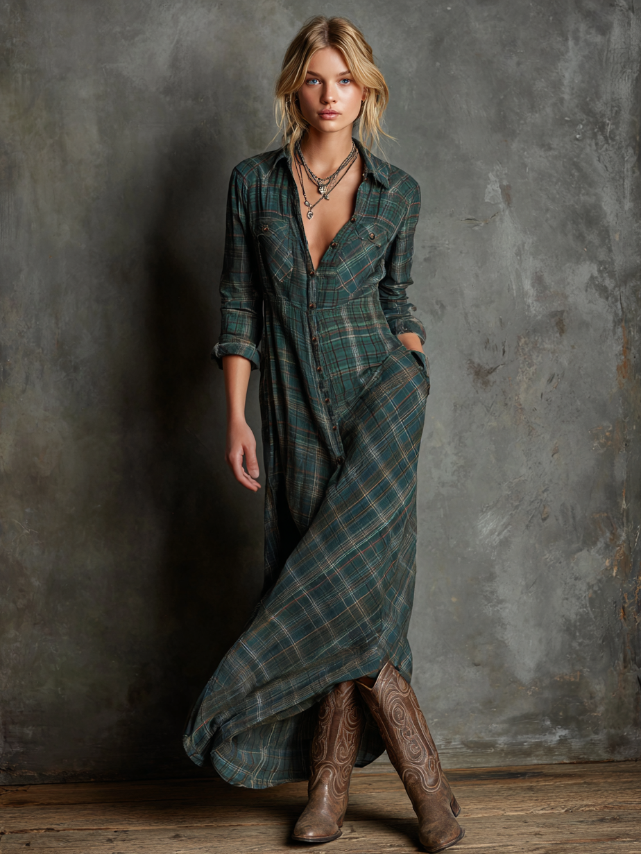 Women's Plaid Lapel Single-Breasted Shirt Maxi Dress