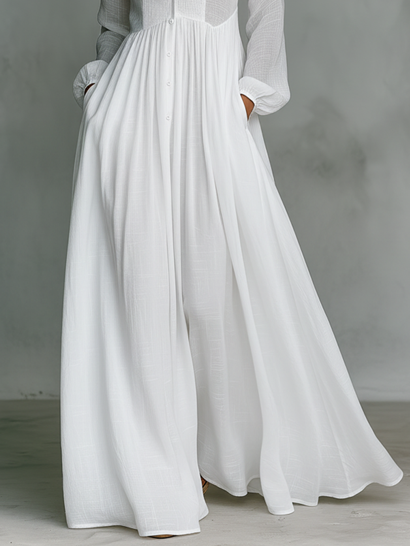Elisa - Maxi Minimalist in Cotton and Linen with Patchwork, High Neck and Long Sleeves