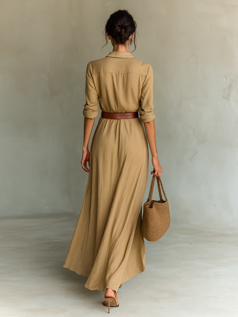 Ladies Lapel Single Breasted Long Sleeve Belted Maxi Dress